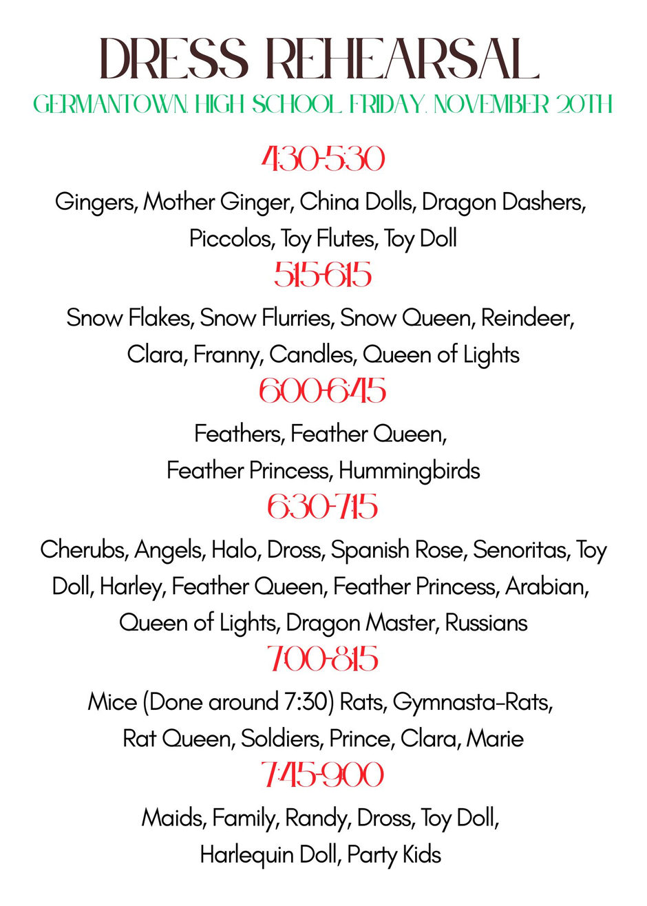 Dress Rehearsal schedule, Germantown High School, Friday, November 20th, with call times from 4:30 to 9:00 listing which roles are called for each time slot