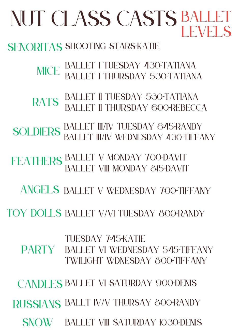 Nutcracker class casts for Ballet levels: Senoritas, Mice, Rats, Soldiers, Feathers, Angels, Toy Dolls, Party, Candles, Russians and Snow, with class days, times and teachers